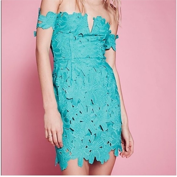 Saylor x Free People Dahlia Off Shoulder Dress Floral Crochet Lace Turquoise S - Picture 1 of 10